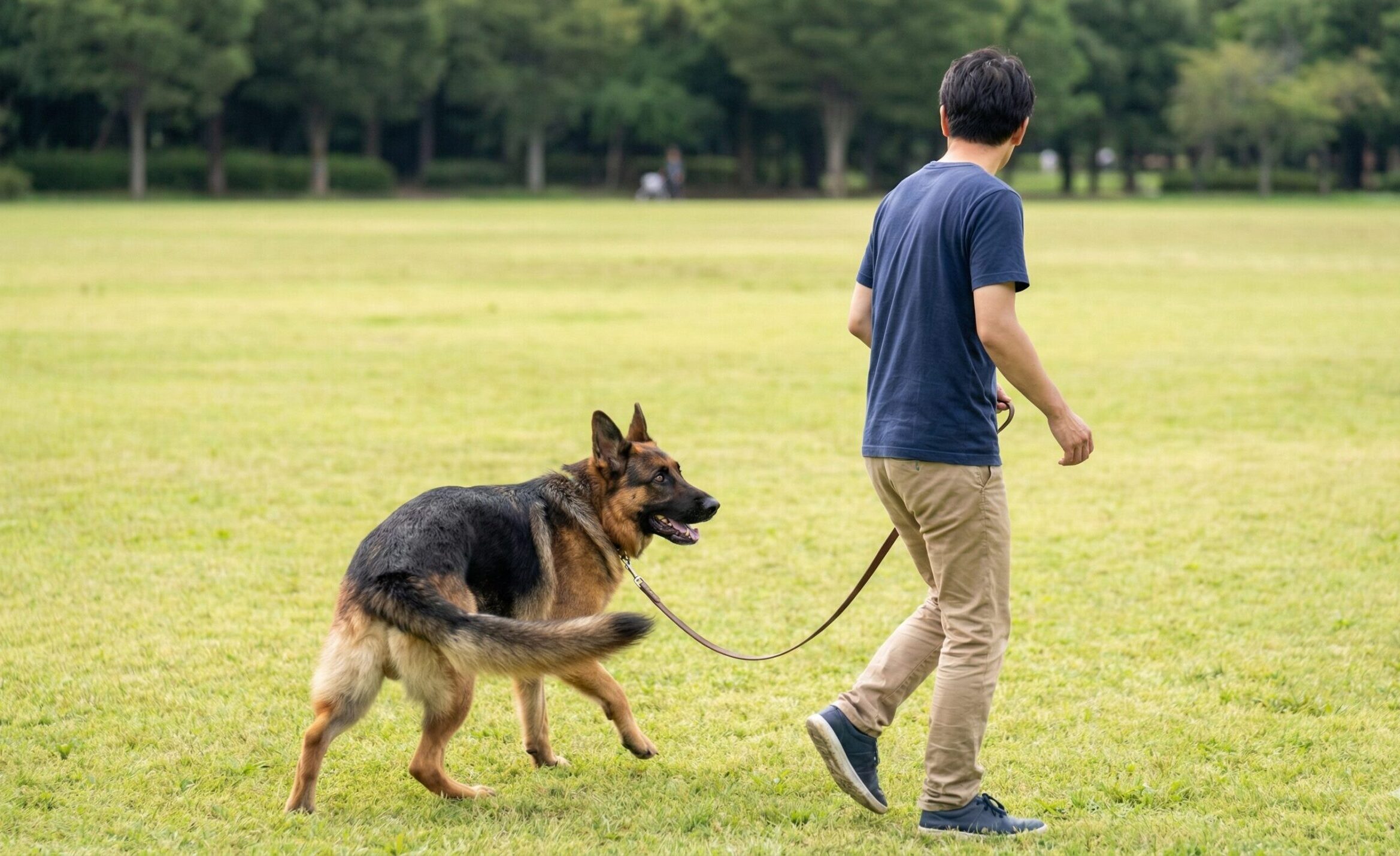 散歩中に飼い主が急に方向転換し、大型犬が驚いて振り返り飼い主を見ている様子。犬の意識が飼い主に向いていることがわかる。