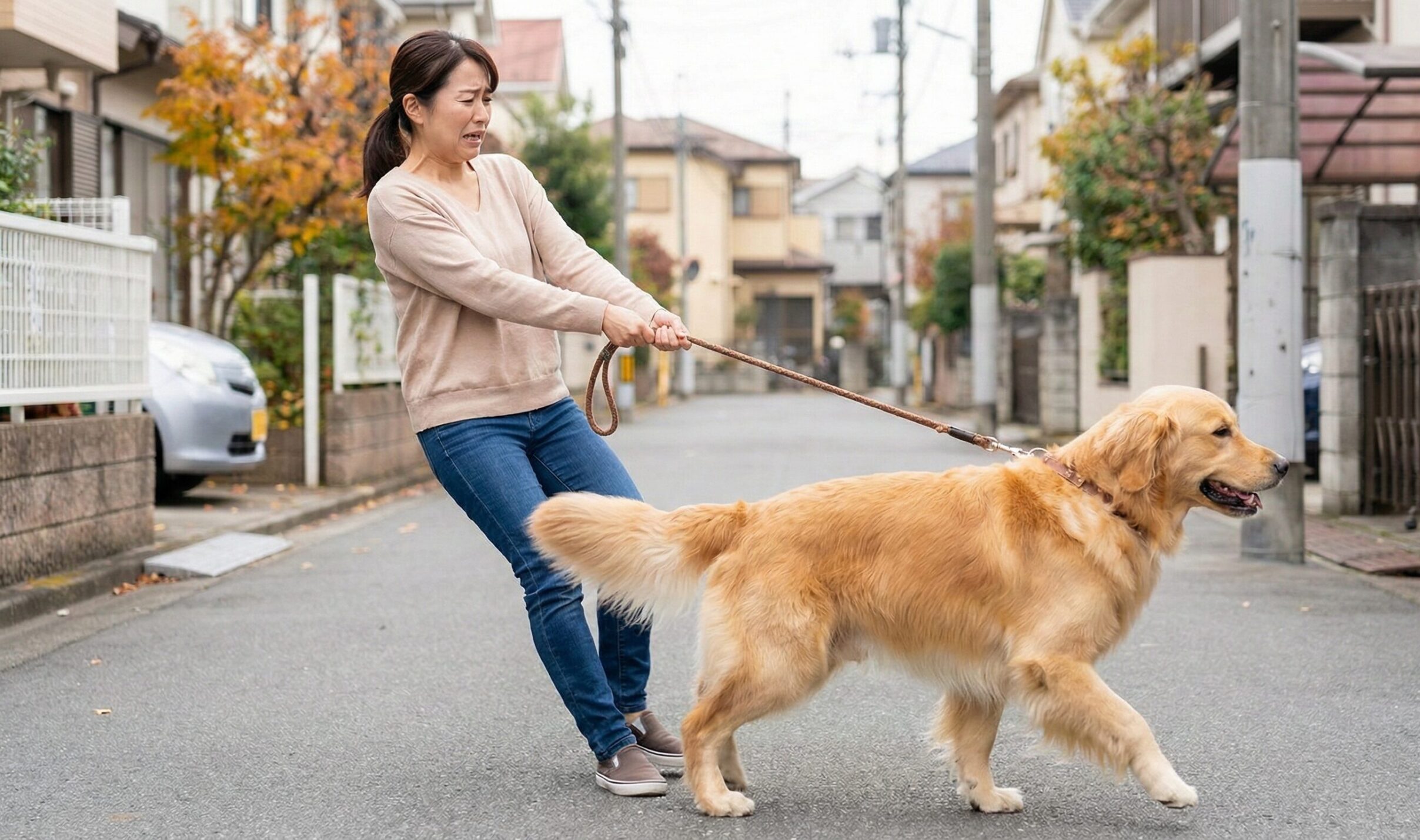 散歩中に大型犬(ゴールデンレトリバー)に強くリードを引っ張られ、困り果てている日本人女性の様子。