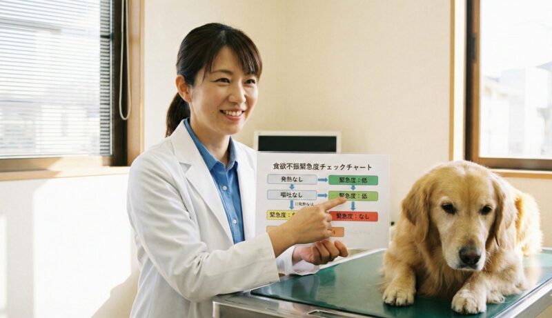 獣医師が作成した食欲不振の緊急度をチェックするチャートを手に持ち、安心させるように微笑む日本人女性獣医師