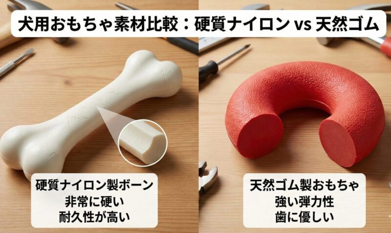 硬質ナイロン製のボーンと、強い弾力性を持つ天然ゴム製のおもちゃを比較した画像
