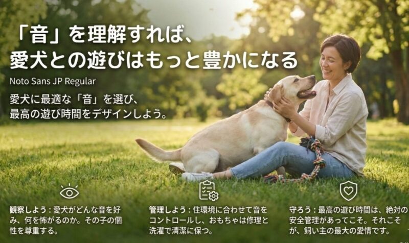 笑顔の女性とラブラドールレトリバーが芝生でくつろぐ写真。「『音』を理解すれば、愛犬との遊びはもっと豊かになる」というタイトルと、「観察しよう」「管理しよう」「守ろう」という3つのポイントが示された、記事全体のまとめスライド。