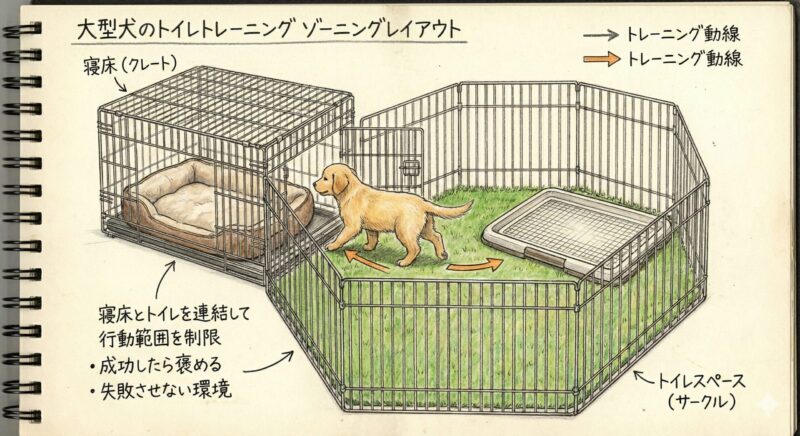 大型犬のトイレトレーニング用ゾーニングの図。寝床となるクレートと、柵（サークル）で区切られたトイレスペースが連結されたレイアウト。