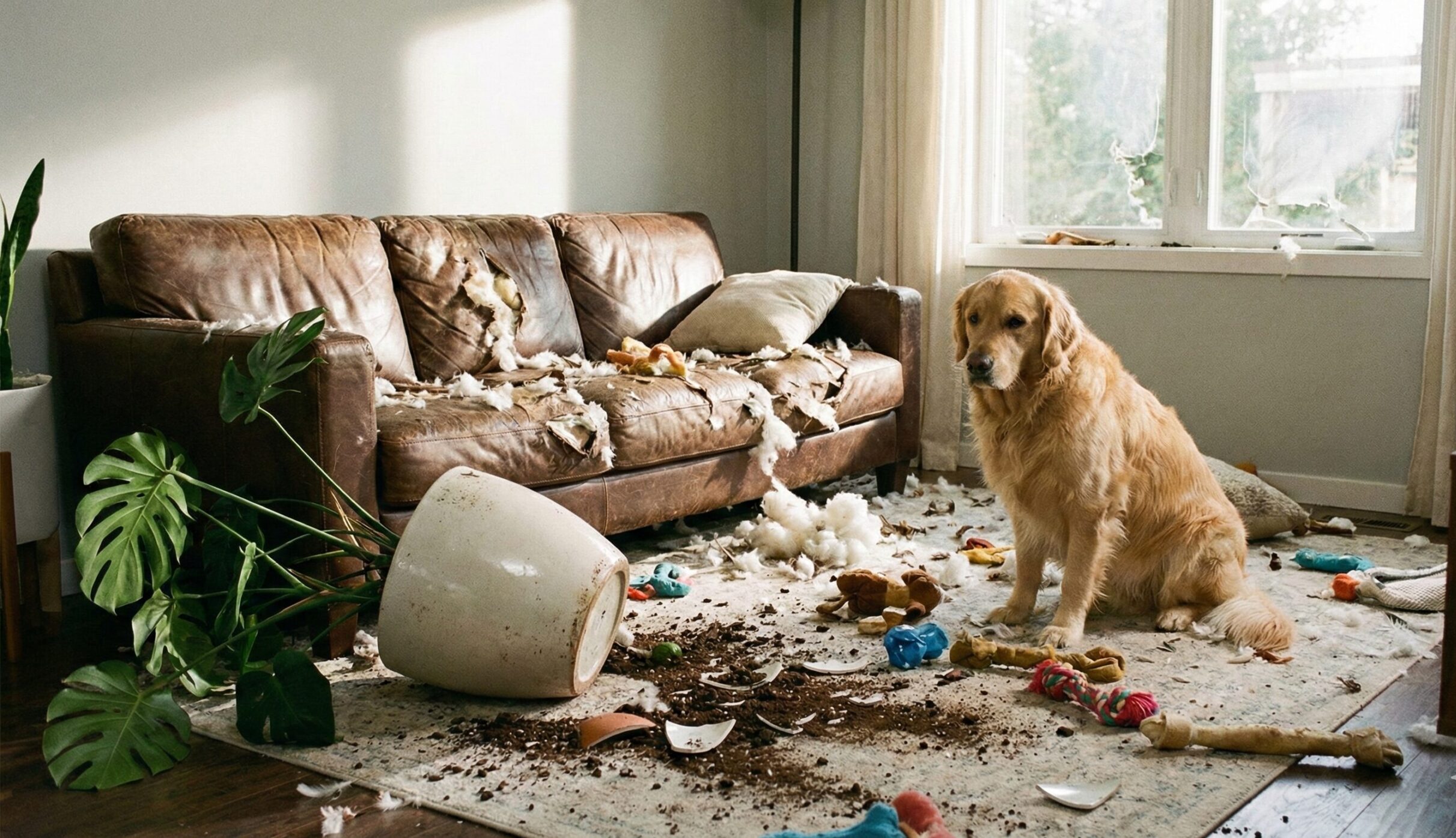 大型犬による破壊行動で、中身の綿が散乱しボロボロになった革製ソファと、ひっくり返った観葉植物がある荒れたリビングの様子。