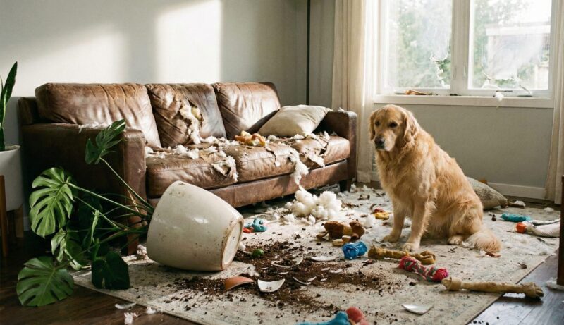 大型犬による破壊行動で、中身の綿が散乱しボロボロになった革製ソファと、ひっくり返った観葉植物がある荒れたリビングの様子。