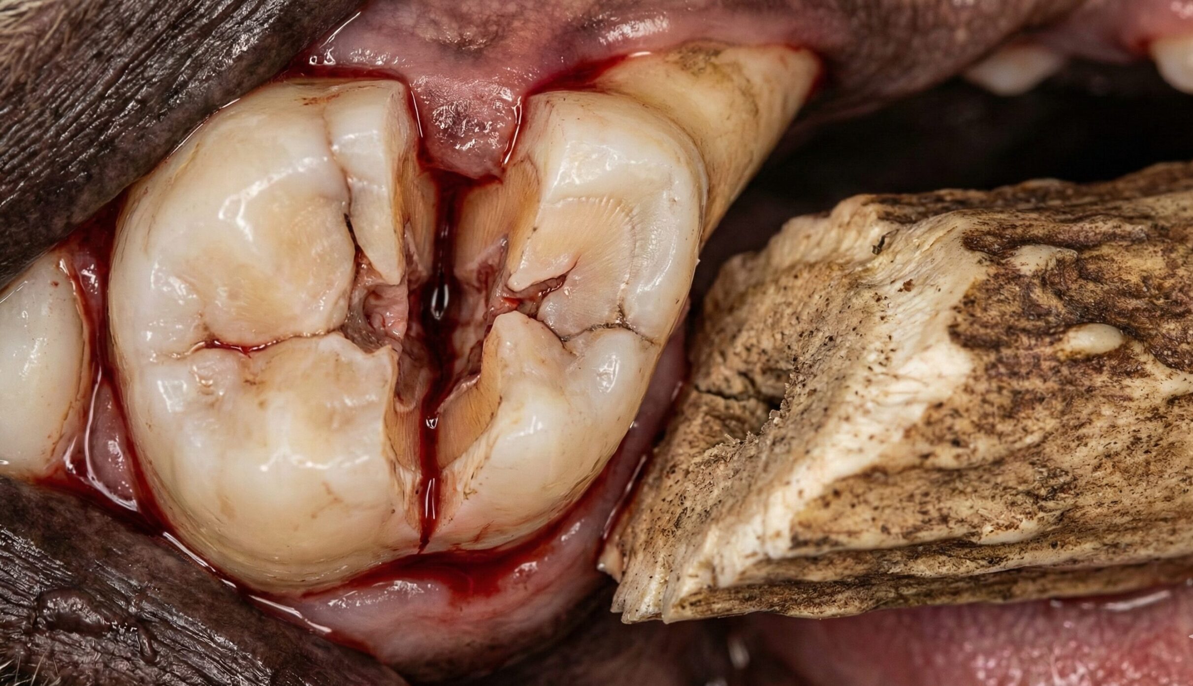 鹿の角などの硬いものを噛んで歯が縦に割れてしまった状態を連想させる、犬の奥歯の破折と硬すぎるおやつのクローズアップ