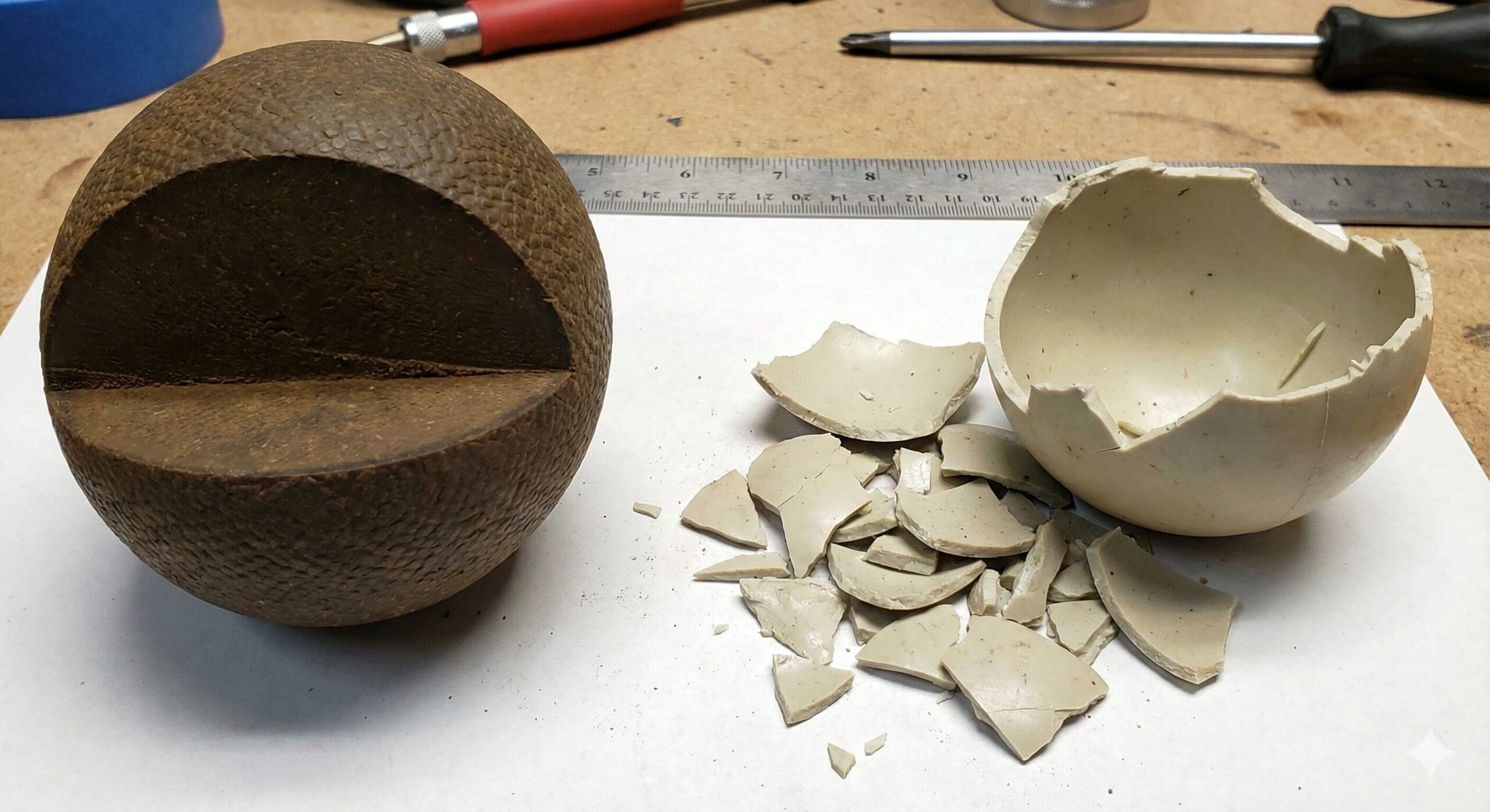 中までゴムが詰まった中実タイプの天然ゴム製ボールと、簡単に割れてしまった中空プラスチック製の破片を比較した画像