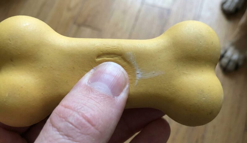 飼い主の親指で犬のおもちゃを押し、爪あとが少し付くかを確認する「爪あとテスト」のクローズアップ写真