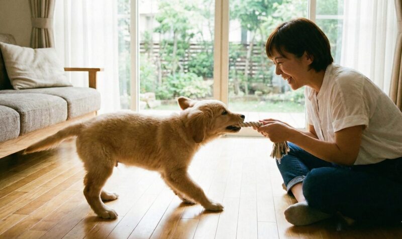 日本人飼い主が子犬とロープのおもちゃで引っ張りっこをしてコミュニケーションを取る様子