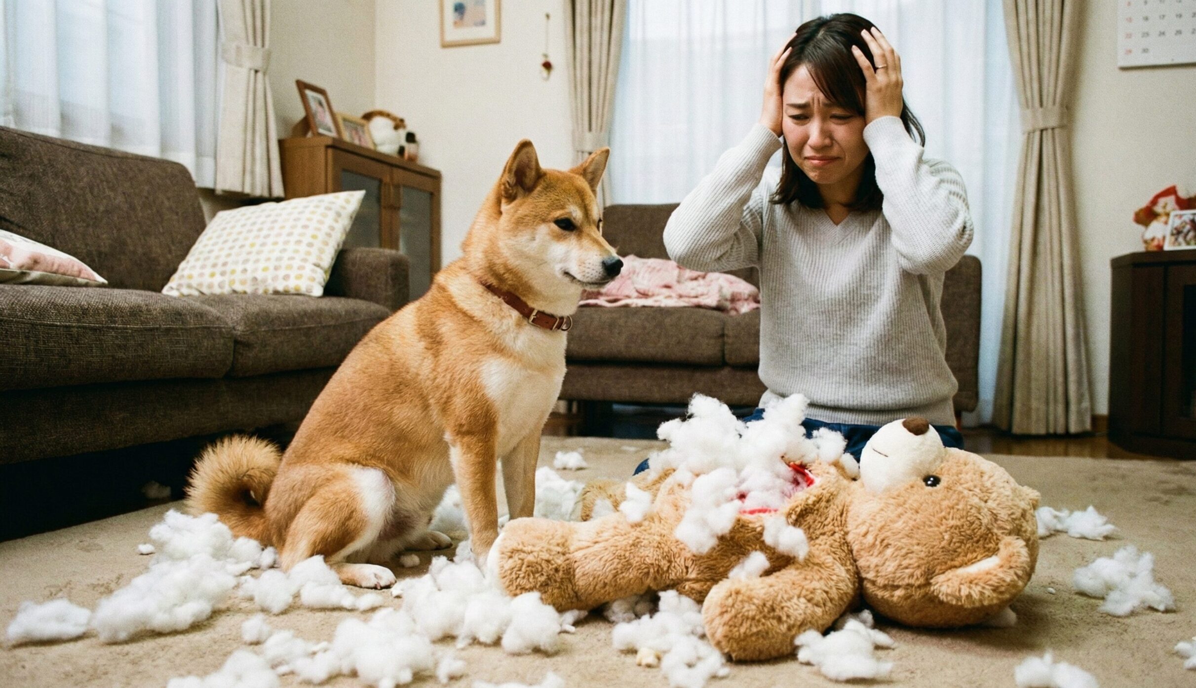中型犬によって綿が出され完全に壊れたぬいぐるみと、それを見て困った表情を浮かべる飼い主の日本人女性