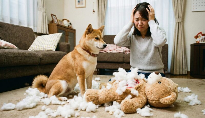 中型犬によって綿が出され完全に壊れたぬいぐるみと、それを見て困った表情を浮かべる飼い主の日本人女性