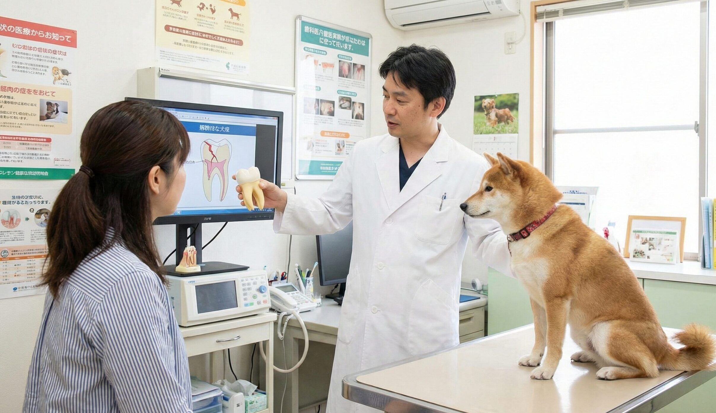 日本人獣医師が診察室で飼い主に犬の歯の破折のリスクや仕組みについて説明している様子