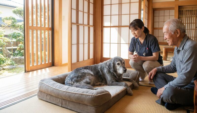 シニア期の大型犬が快適な高反発ベッドで休む様子を見守る日本人獣医師と飼い主