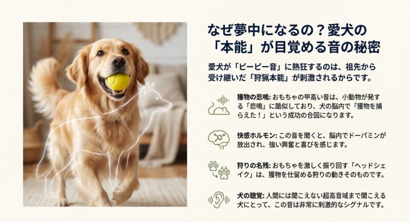 犬がおもちゃの音に反応する理由、うるさい時の対策、修理方法、安全な選び方の4つのポイントをまとめた記事の概要スライド
