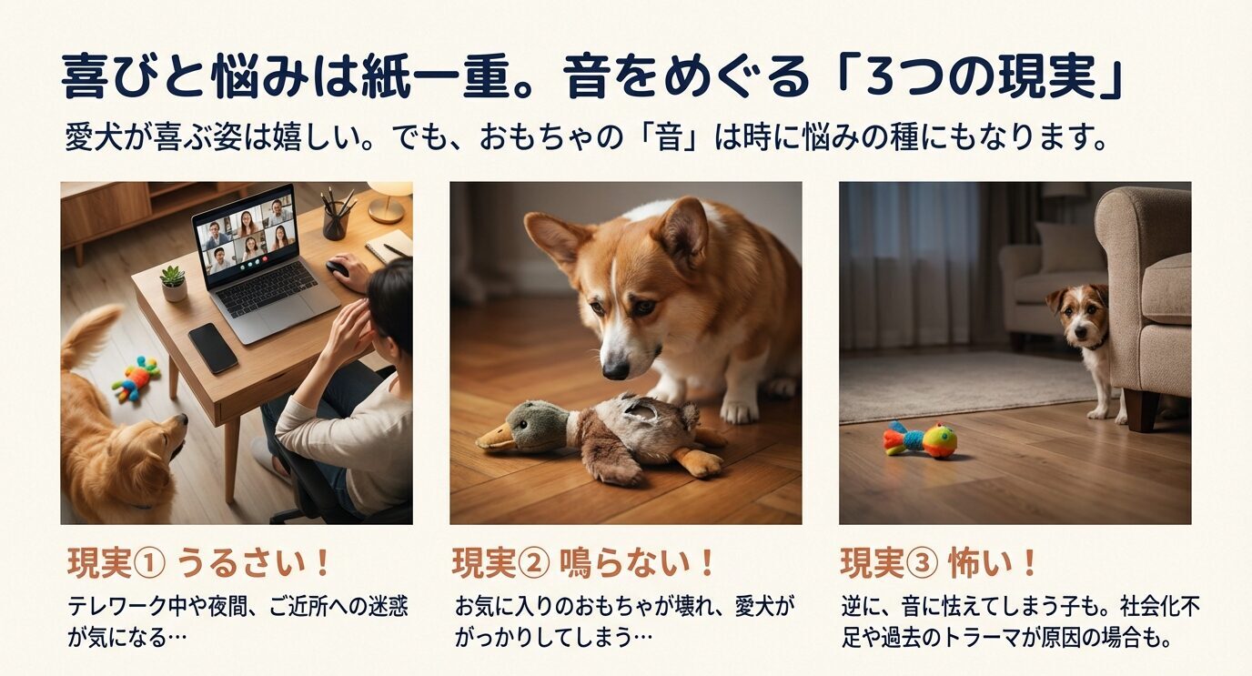 犬がおもちゃの音を獲物の悲鳴と認識し、ドーパミンが放出される狩猟本能の仕組みと、犬が反応しやすい周波数帯域を図解したスライド