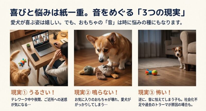 犬がおもちゃの音を獲物の悲鳴と認識し、ドーパミンが放出される狩猟本能の仕組みと、犬が反応しやすい周波数帯域を図解したスライド