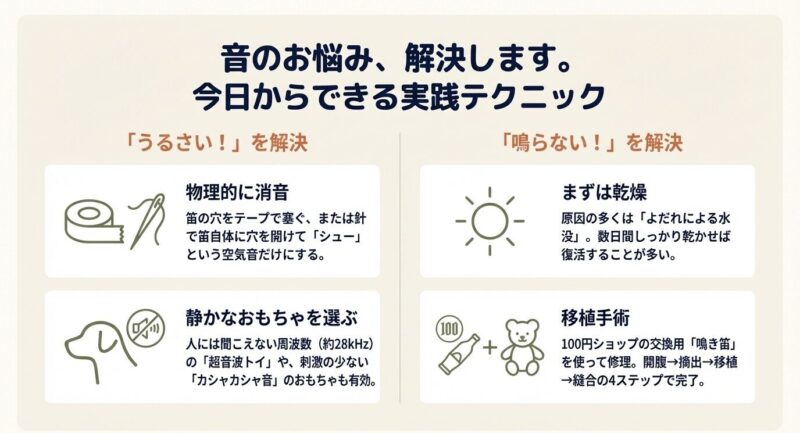 テープや針を使っておもちゃの音を小さくする方法と、100均の鳴き笛を使って壊れたおもちゃを修理する手順を解説したスライド
