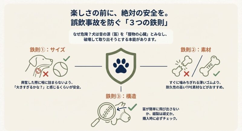 誤飲を防ぐためのサイズや素材の選び方、および布製おもちゃの正しい洗濯・乾燥手順による衛生管理ポイントをまとめたスライド