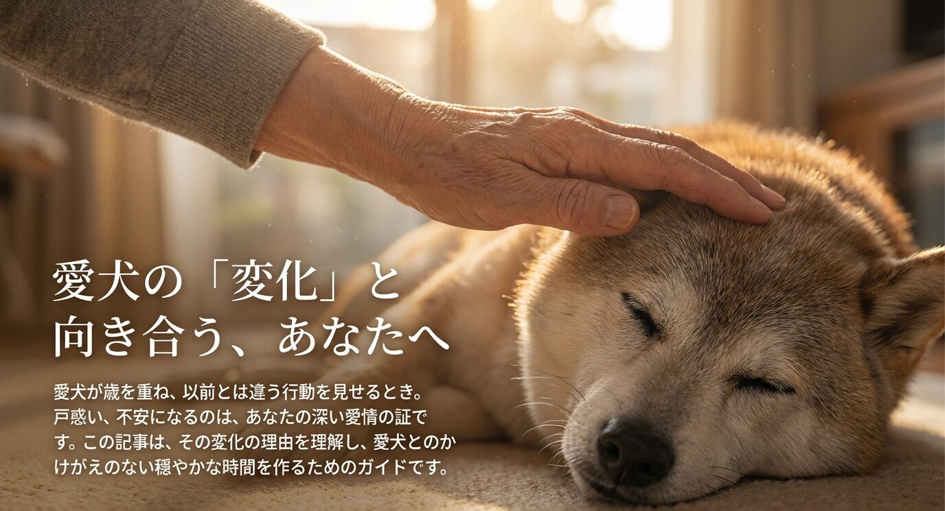 愛犬の変化と向き合うあなたへ」というメッセージが書かれたスライド。愛犬の行動変化に戸惑うのは深い愛情の証であると伝えている。