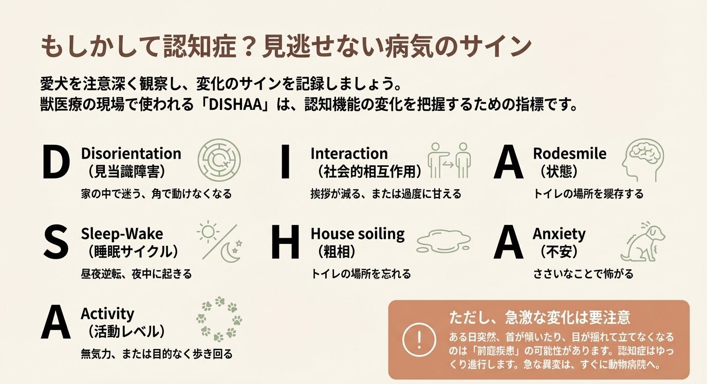 獣医療で使われる認知機能不全の評価指標「DISHAA」の解説スライド。見当識障害、睡眠サイクル、活動レベルなどのチェック項目一覧。