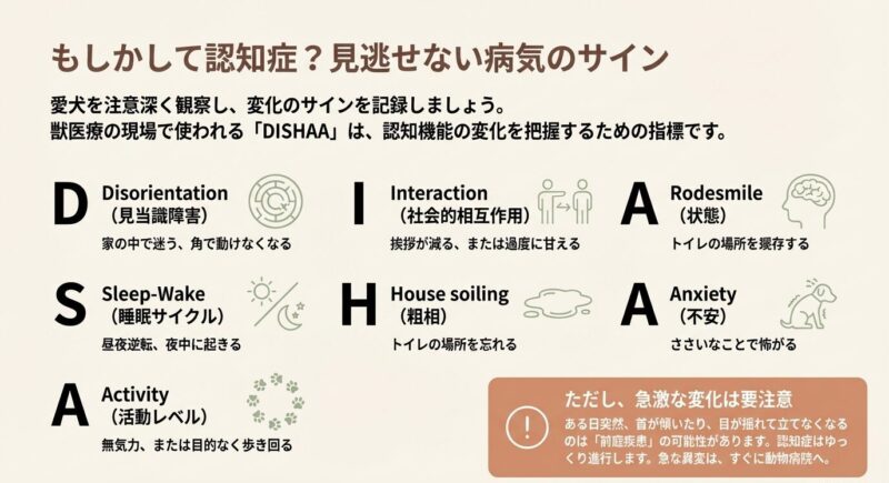 獣医療で使われる認知機能不全の評価指標「DISHAA」の解説スライド。見当識障害、睡眠サイクル、活動レベルなどのチェック項目一覧。