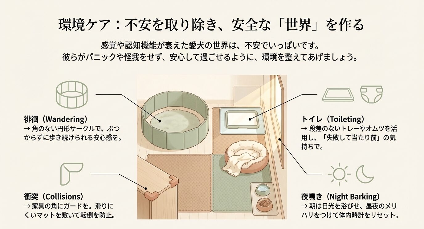 認知機能が衰えた犬のための環境対策まとめ。徘徊への円形サークル、トイレの段差解消、家具への衝突防止ガード、夜泣き対策などをイラストで解説。