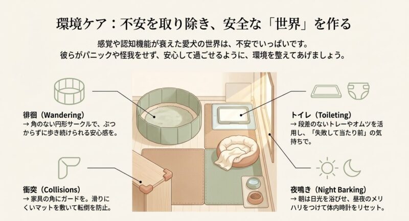 認知機能が衰えた犬のための環境対策まとめ。徘徊への円形サークル、トイレの段差解消、家具への衝突防止ガード、夜泣き対策などをイラストで解説。