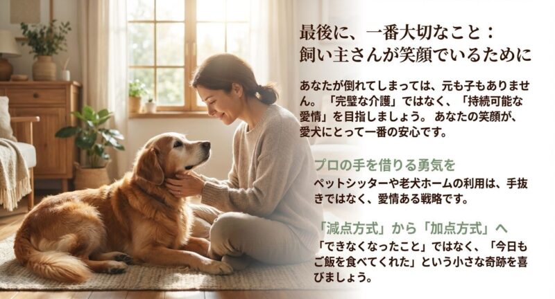 「完璧な介護」ではなく「持続可能な愛情」を目指そうというメッセージスライド。プロの手を借りることや、加点方式で考えることの大切さを説いている。