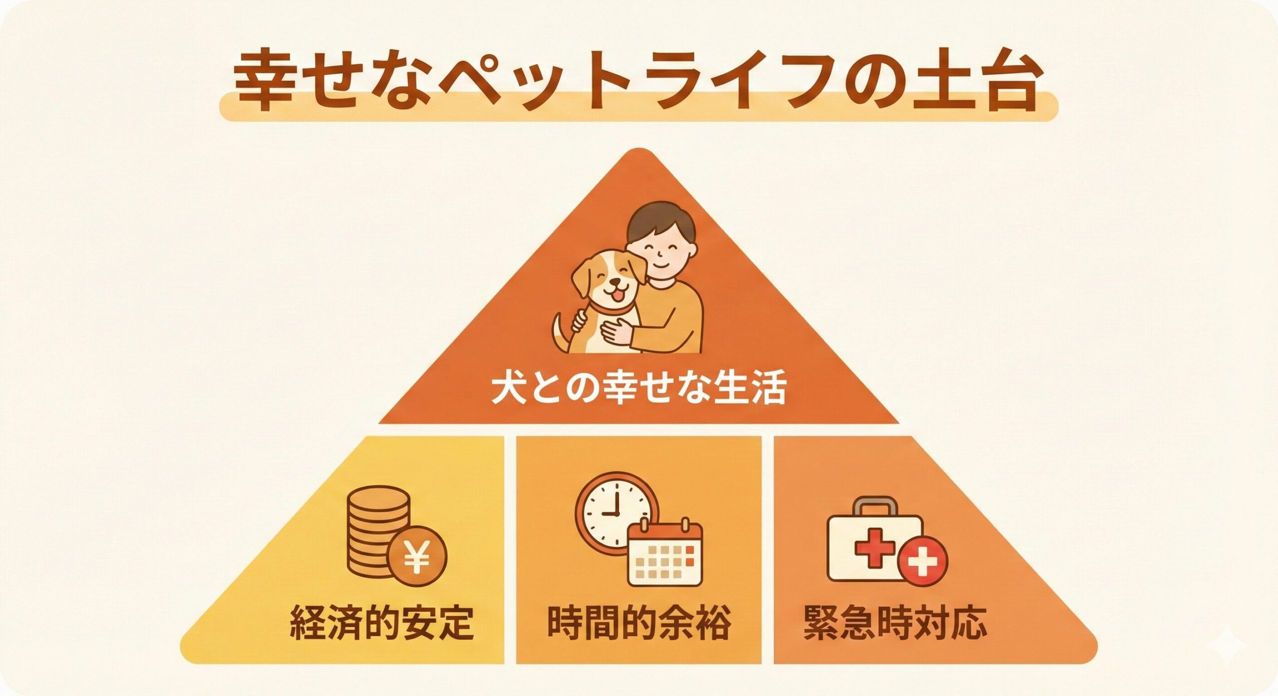 犬との幸せな生活というピラミッドを、経済的安定、時間的余裕、緊急時対応という3つの土台が支えていることを示す図解。