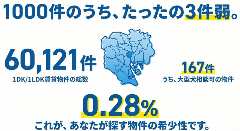 東京23区の地図の隣に、賃貸物件総数と大型犬可物件数が比較されており、その割合が0.28%であることを示すインフォグラフィック。