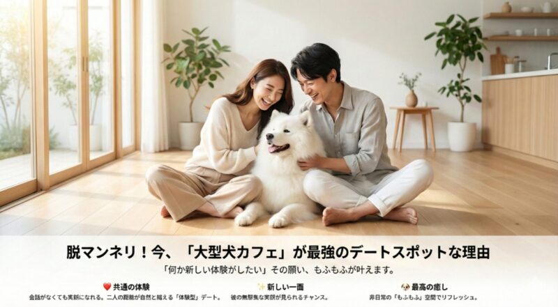 「脱マンネリ！今、『大型犬カフェ』が最強のデートスポットな理由」というタイトルのスライド資料。「共通の体験」「新しい一面」「最高の癒し」という3つのメリットを挙げ、カップルが白い犬と戯れる写真と共に解説。