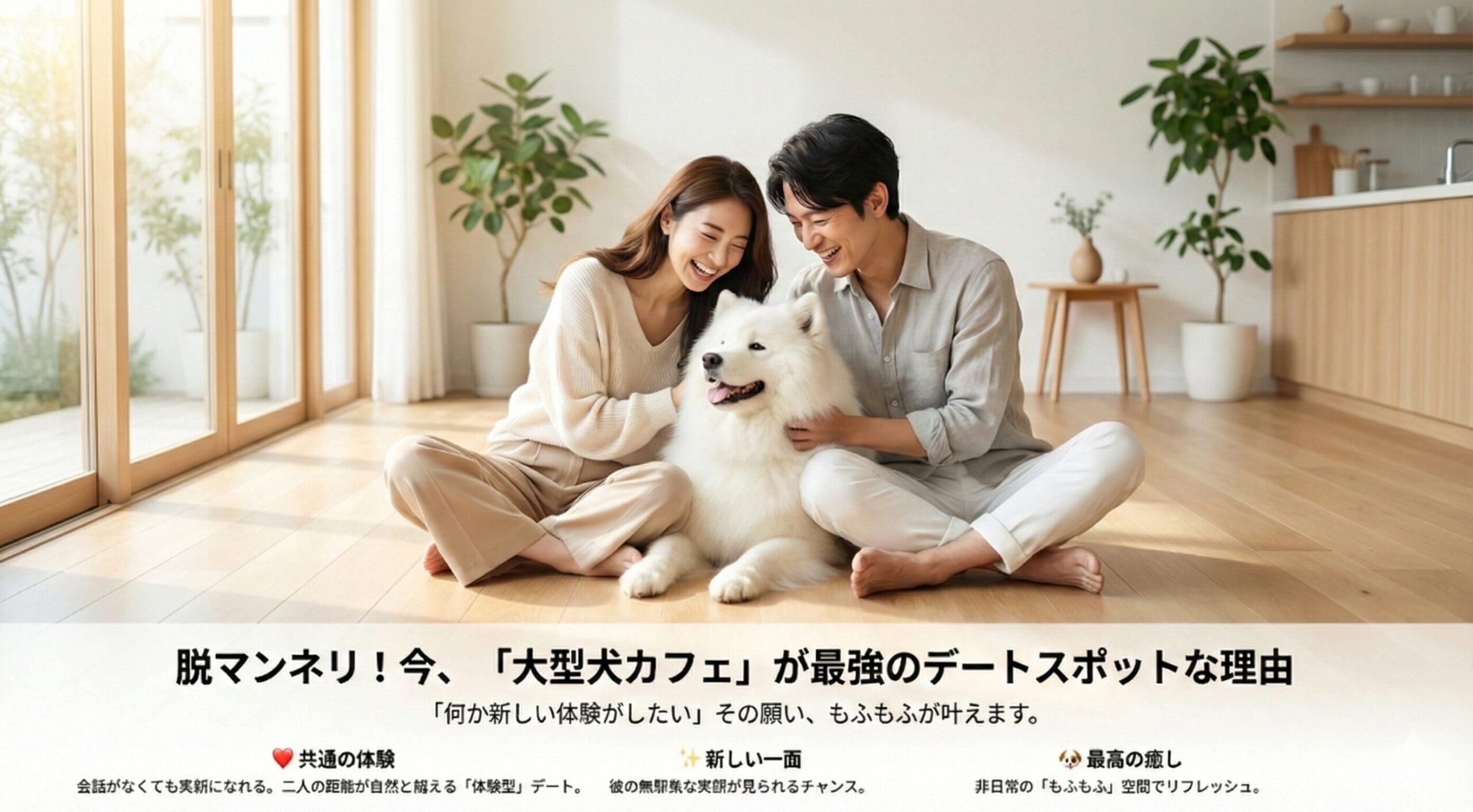 「脱マンネリ!今、『大型犬カフェ』が最強のデートスポットな理由」というタイトルのスライド資料。「共通の体験」「新しい一面」「最高の癒し」という3つのメリットを挙げ、カップルが白い犬と戯れる写真と共に解説。