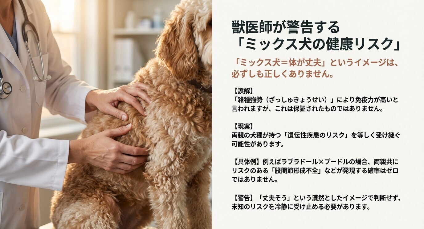 雑種強勢の誤解と遺伝性疾患のリスクについての警告 。ラブラドール×プードルなどのミックス犬も両親の病気を受け継ぐ可能性があることを示す獣医師監修スライド 。