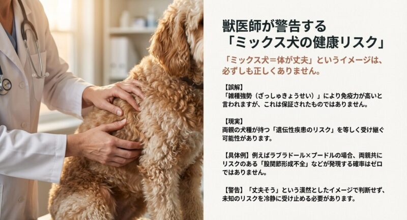 雑種強勢の誤解と遺伝性疾患のリスクについての警告 。ラブラドール×プードルなどのミックス犬も両親の病気を受け継ぐ可能性があることを示す獣医師監修スライド 。