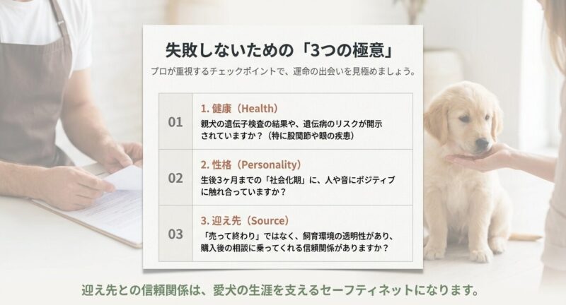 健康（遺伝子検査）、性格（社会化期）、迎え先（信頼関係）の3つの視点から、運命のパートナーを見極めるためのプロのチェックポイント一覧 。