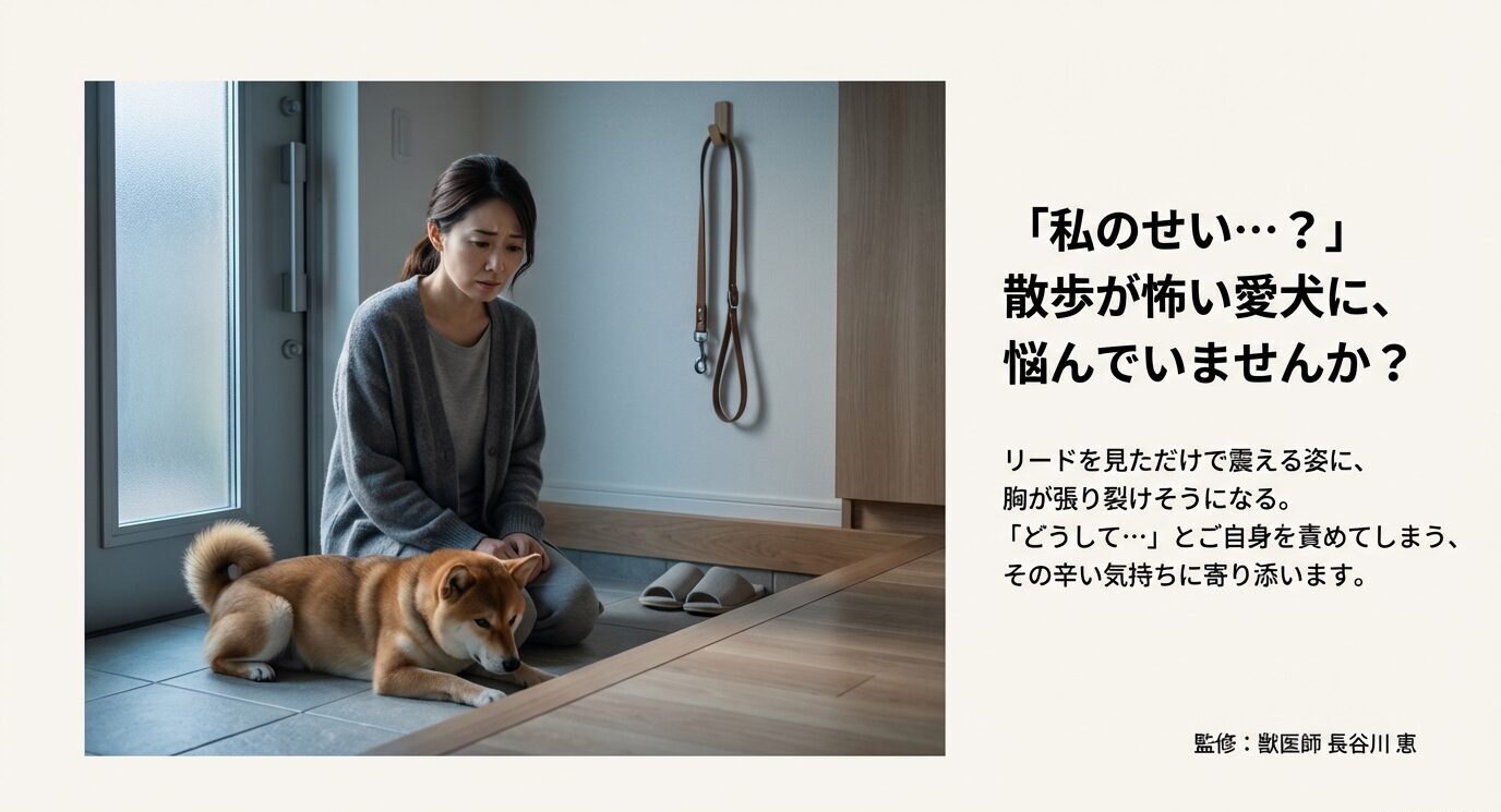 玄関でうずくまる犬と不安そうな表情の飼い主。「私のせい？」という悩みと「辛い気持ちに寄り添います」というメッセージスライド。