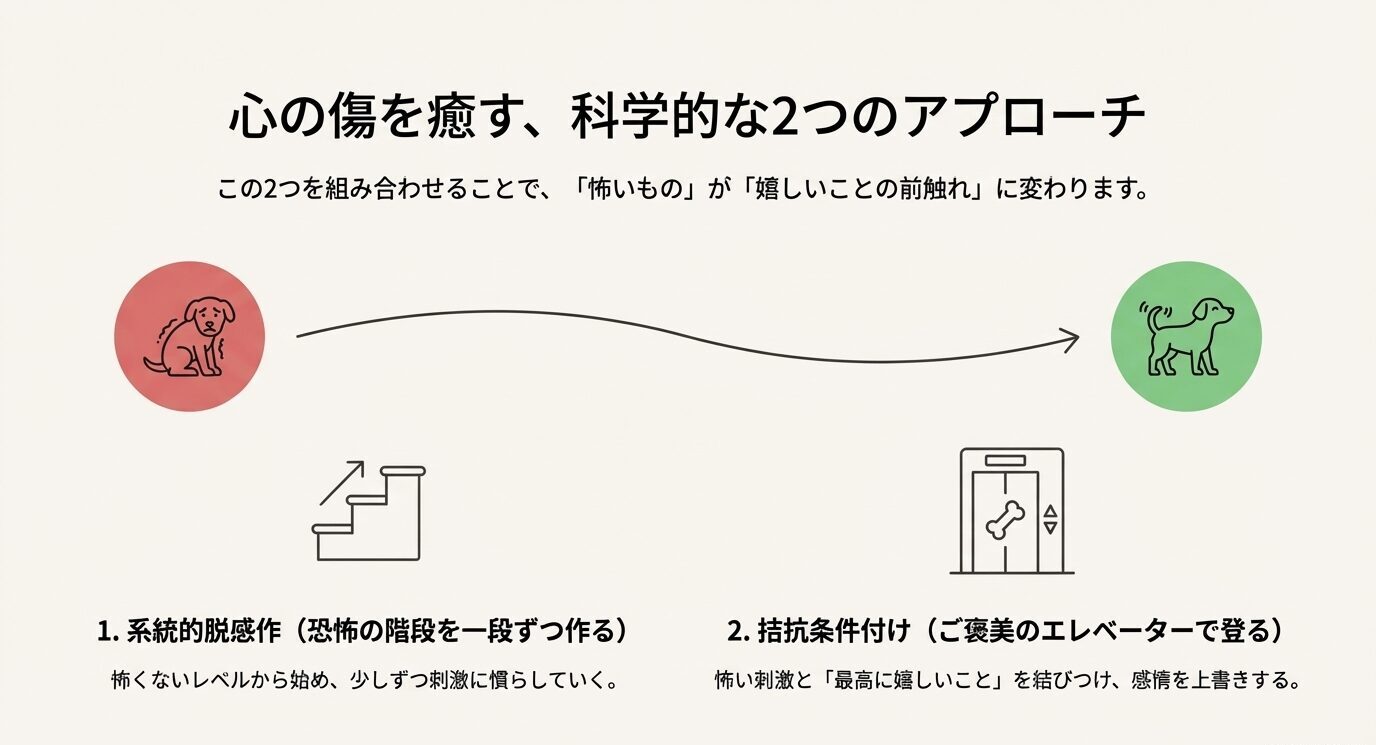 系統的脱感作（恐怖の階段）と拮抗条件付け（ご褒美のエレベーター）の組み合わせで、恐怖を「嬉しいこと」へ変える仕組みの図解。