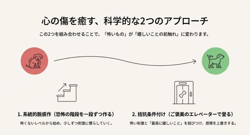系統的脱感作（恐怖の階段）と拮抗条件付け（ご褒美のエレベーター）の組み合わせで、恐怖を「嬉しいこと」へ変える仕組みの図解。