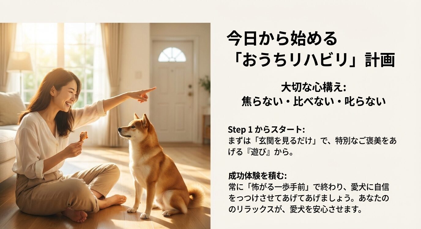飼い主と犬が笑顔でトレーニングする様子。焦らず・比べず・叱らずに進める「おうちリハビリ」計画とStep1の概要。