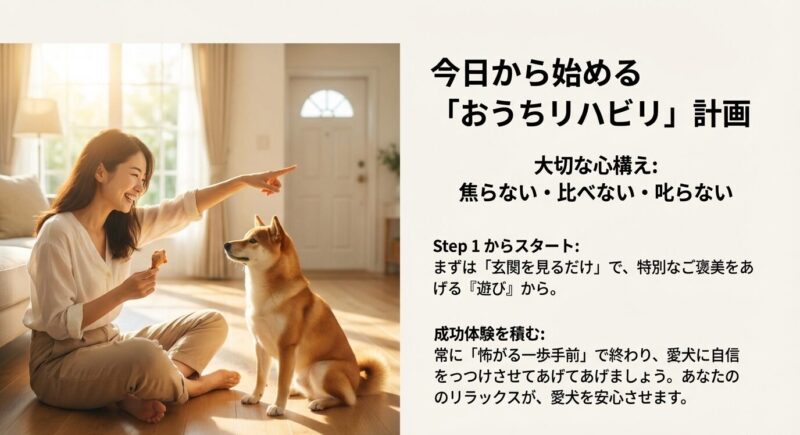 飼い主と犬が笑顔でトレーニングする様子。焦らず・比べず・叱らずに進める「おうちリハビリ」計画とStep1の概要。
