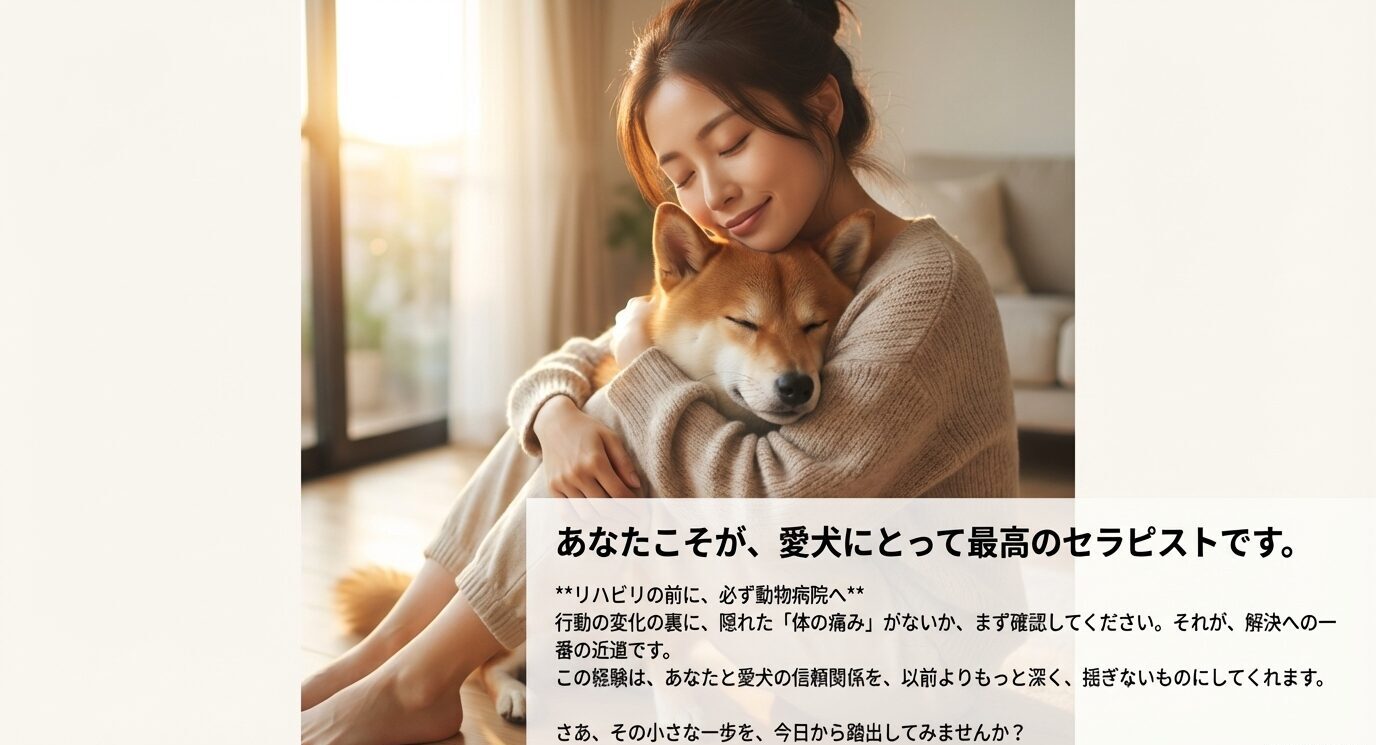 女性が愛犬を優しく抱きしめる写真。飼い主こそが最高のセラピストであること、およびリハビリ前に動物病院で体の痛みを確認する重要性。