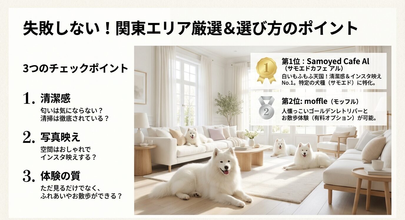 「失敗しない!関東エリア厳選&選び方のポイント」と題したスライド資料。清潔感、写真映え、体験の質の3つのチェックポイントを図解し、1位「サモエドカフェアル」、2位「moffle(モッフル)」の特徴を紹介。