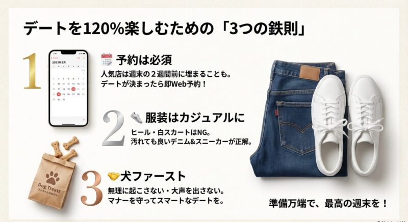 「デートを120%楽しむための『3つの鉄則』」と題したスライド資料。カレンダーを使った予約の重要性（2週間前には埋まる）、カジュアルな服装（デニム＆スニーカー推奨）、犬ファーストのマナーについて解説。