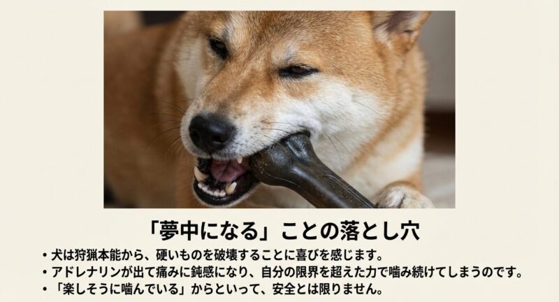 犬は狩猟本能によりアドレナリンが分泌され、歯が折れる痛みすら感じずに硬いものを噛み続けてしまうという解説図
