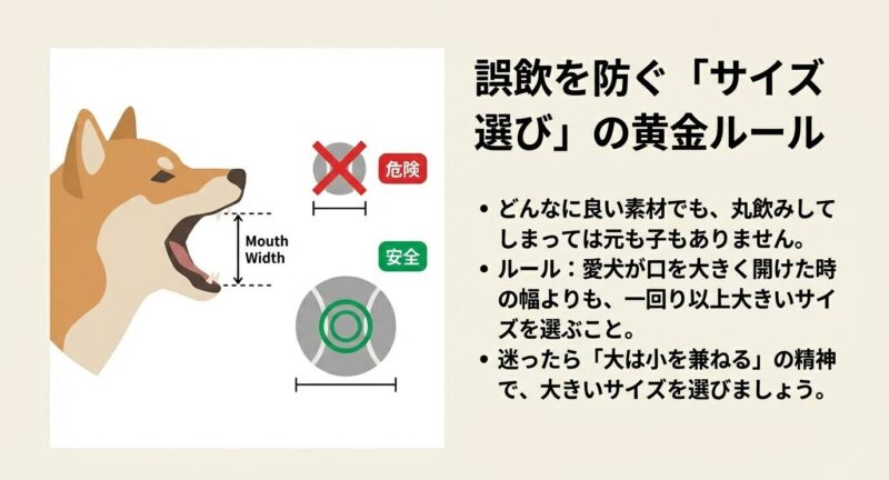 犬が口を大きく開けた時の幅よりも一回り大きいサイズを選ぶべきという、誤飲防止の黄金ルール図解