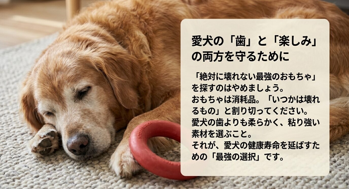最強のおもちゃを探すのではなく、愛犬の歯より柔らかく粘り強い素材を選ぶことが、健康寿命を延ばす鍵であるというメッセージ