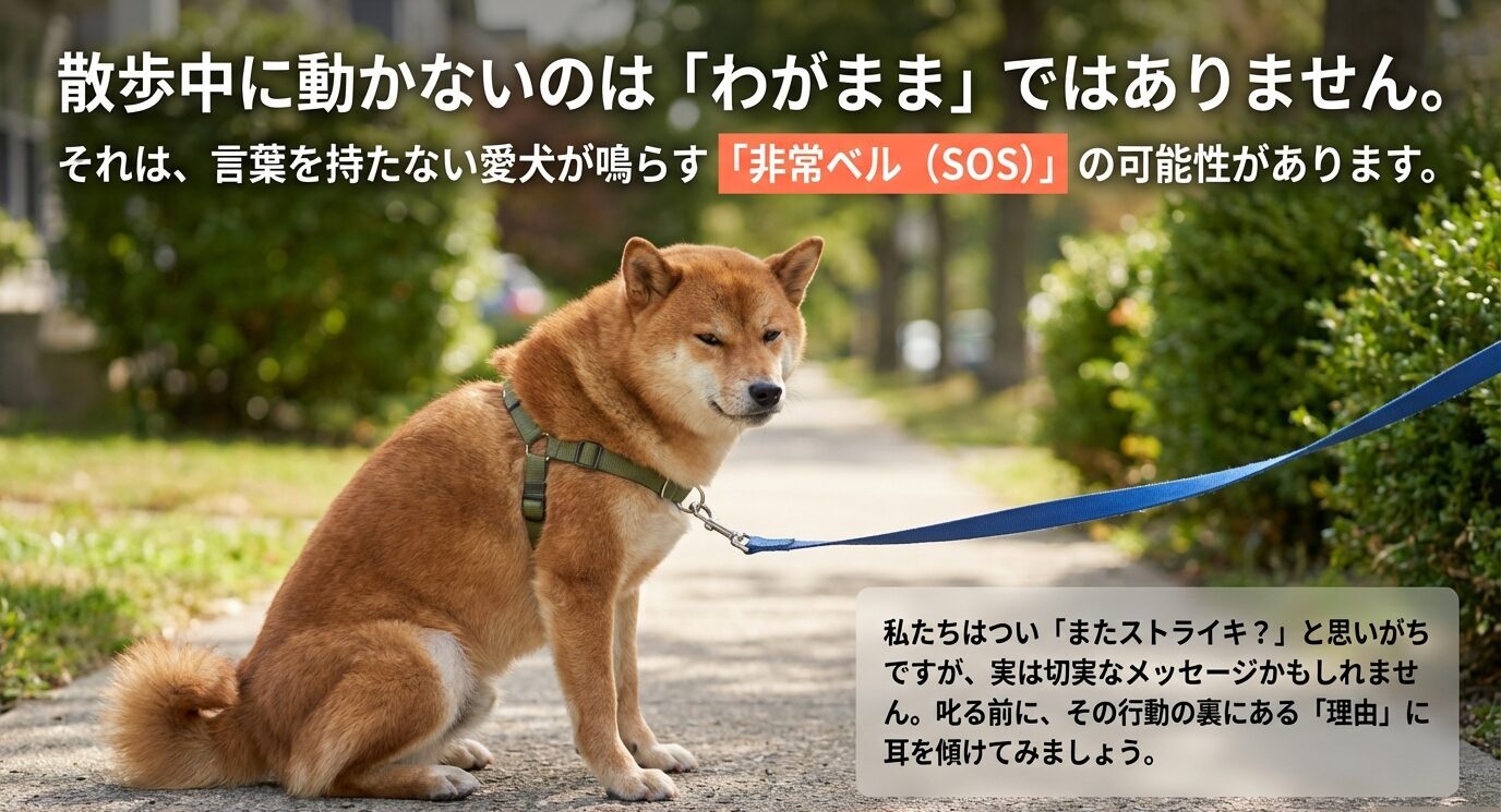 散歩中に動かない犬はわがままではなく、言葉を持たない愛犬が鳴らす非常ベル(SOS)の可能性があることを伝えるメッセージ