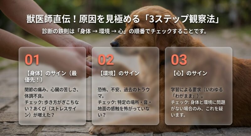 散歩で歩かない原因を特定するための3つのチェック順序。1.身体のサイン(痛み・不調)、2.環境のサイン(恐怖・トラウマ)、3.心のサイン(要求)のフロー図