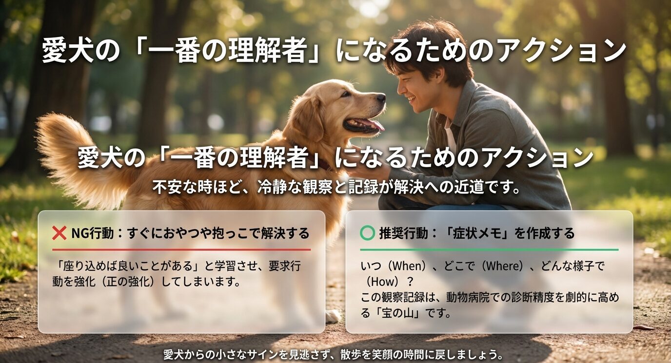 散歩で歩かない時のNG行動(おやつや抱っこでの解決)と、推奨される解決策(冷静な観察と症状メモの作成)を対比させた解説スライド
