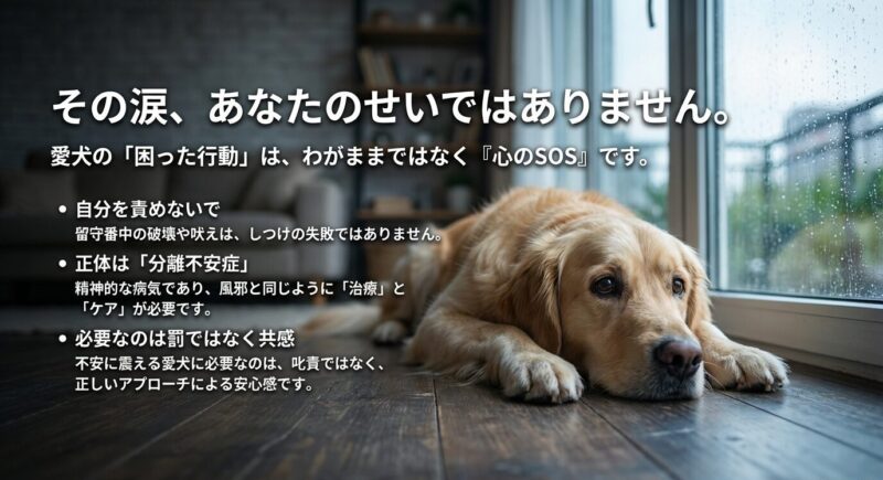 留守番中の問題行動はしつけの失敗ではなく、「分離不安症」という精神的な病気であり、罰ではなく共感とケアが必要であることを伝えるメッセージ