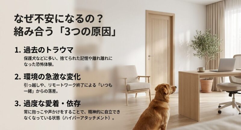 1.過去のトラウマ、2.引っ越し等の環境変化、3.過度な愛着(ハイパーアタッチメント)という、分離不安症の3大要因の解説図